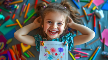 A joyful child smiles broadly while holding a colorful drawing surrounded by art supplies, embodying creativity and happiness in a vibrant setting.の素材