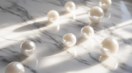 A beautiful arrangement of white pearls scattered on a marble surface. Soft shadows create a serene atmosphere, perfect for elegant dの素材