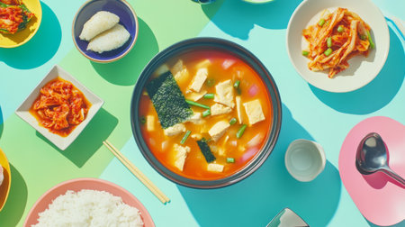 A vibrant flatlay of diverse Asian dishes including soup, rice, and kimchi, showcasing a colorful and inviting culinary experience perfect for food lovers.の素材