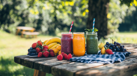 Three vibrant smoothies in jars with fruits beside them on a rustic table. Enjoy a healthy outdoor snack in a natural, sunny setting. Perfect for summertime.の素材