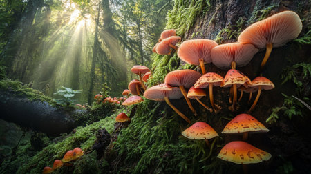 A stunning display of vibrant mushrooms in a lush forest, illuminated by soft sunlight filtering through trees. Perfect for nature and macro photography enthusiasts.の素材
