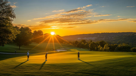 A scenic view of golfers on a green golf course at sunset. The vibrant sky and warm light create a tranquil atmosphere, ideal for leisure and relaxation.の素材