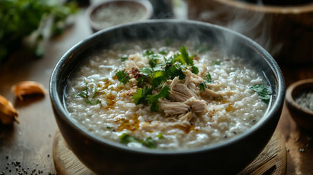 A steaming bowl of chicken rice soup garnished with fresh cilantro. Perfect for a cozy meal, this dish showcases comfort food at its best.の素材
