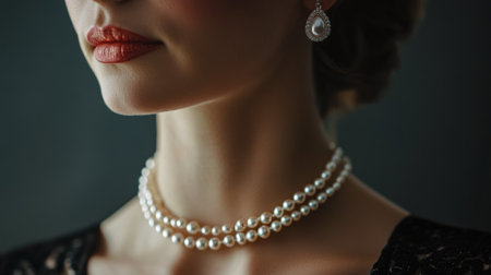A captivating portrait of an elegant woman showcasing a stunning pearl necklace and matching earrings, embodying beauty and sophistication against a dark backdrop.の素材