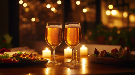 Two glasses of beer at a cozy dinner table set with candles, creating a warm and romantic atmosphere perfect for celebrating special moments.の素材