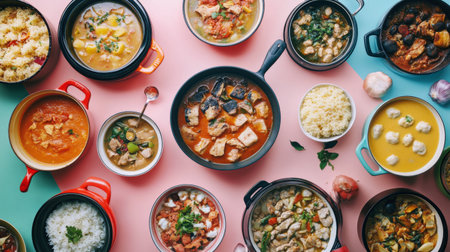 A colorful spread of various dishes in bowls, showcasing different cuisines and flavors. Perfect for food photography, culinary art, and meal preparation inspiration.の素材