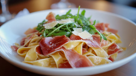 A vibrant pasta dish featuring fresh noodles, arugula, and prosciutto, artfully garnished with cheese. Perfect for Italian cuisine lovers seeking a flavorful meal.の素材