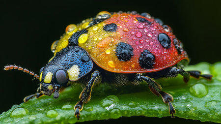 A stunning closeup of a colorful beetle adorned with vibrant droplets of water, resting on a leaf. This macro shot captures the intricate details and beauty of nature.の素材