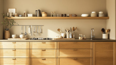 A beautifully arranged modern kitchen featuring wooden elements, natural decor, and a cozy atmosphere, perfect for cooking and entertaining.の素材