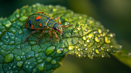 A vivid beetle rests on a dew-covered leaf, showcasing intricate colors and patterns. The macro shot emphasizes the beauty of nature, highlighting the liveliness of the ecosystem.の素材