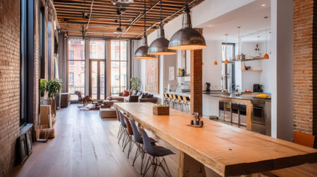 A spacious modern kitchen and dining area featuring industrial design elements, abundant natural light, and stylish furniture, perfect for gatherings.の素材