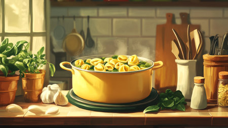 A colorful kitchen scene featuring a steaming pot of tortellini on the stove, surrounded by fresh herbs and cooking utensils, evoking warmth and comfort.の素材