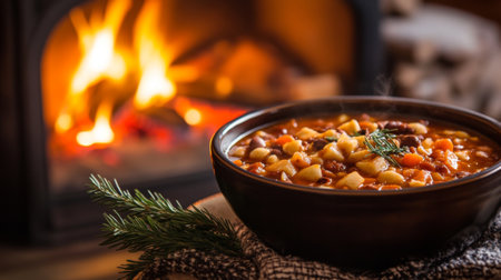 A cozy bowl of steaming soup sits beside a crackling fireplace, surrounded by rustic decor, evoking warmth and comfort. Perfect for winter dining.の素材