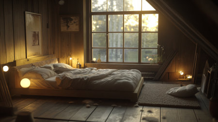 A serene attic bedroom featuring a cozy bed, warm light from a large window, and a peaceful atmosphere, perfect for relaxation and tranquility.の素材