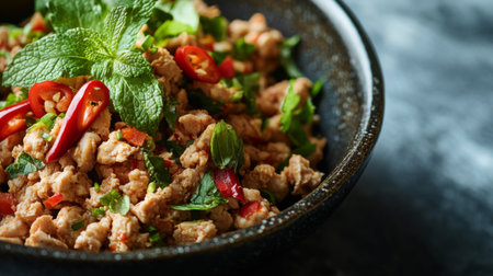 This vibrant chicken salad combines fresh herbs, crunchy chili, and mint for a spicy and healthy dish perfect for any meal or occasion.の素材