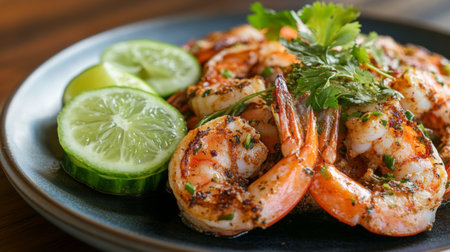 A vibrant plate of grilled shrimp garnished with fresh herbs and lime slices, perfect for summer meals or gourmet dining experiences.の素材