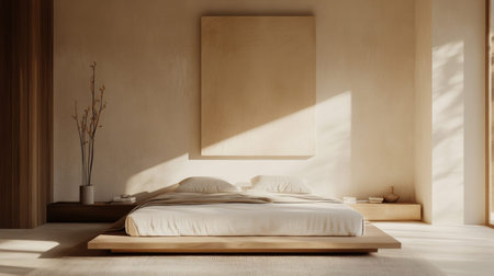 A serene minimalist bedroom featuring natural light illuminating a simple design. The warm tones and soft bedding create a peaceful atmosphere perfect for relaxation.の素材