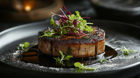 A beautifully presented grilled steak topped with fresh microgreens, served on a dark plate. Ideal for gourmet dining or culinary presentations.の素材