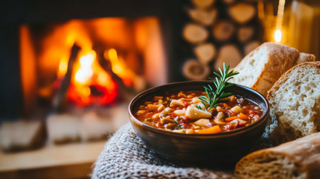 A warm bowl of hearty soup with rosemary, complemented by fresh bread, set by a crackling fireplace, creating a cozy, inviting atmosphere perfect for winter meals.の素材