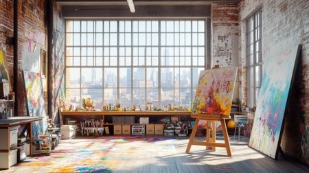 A vibrant art studio featuring large windows, an easel, and colorful paintings, creating an inspiring workspace for artists. Perfect for creative projects.の素材