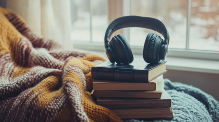 A cozy indoor scene featuring headphones resting on a stack of books. A warm blanket adds to the inviting atmosphere, perfect for relaxation and study during winter.の素材