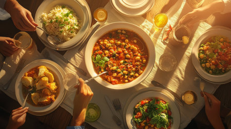 A cozy family dinner scene featuring colorful healthy dishes and a warm atmosphere, ideal for showcasing togetherness and vibrant meals.の素材