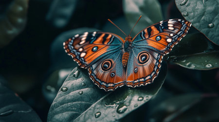 A stunning close-up of a vibrant butterfly resting on a leaf, showcasing its intricate wing patterns and vivid colors. Perfect for nature enthusiasts and photographers.の素材