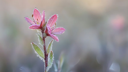 A close-up of a delicate frosted flower glistening in soft light. The vibrant pink petals contrast beautifully with the green foliage, evoking tranquility.の素材