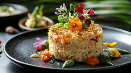 A beautifully arranged rice dish topped with vibrant edible flowers and fresh vegetables, perfect for showcasing culinary artistry and creativity.の素材
