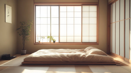 A serene minimalist bedroom bathed in natural light, featuring a cozy bed on a wooden platform. The space is adorned with indoor plants and simple decor elements, creating a calming atmosphere.の素材