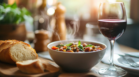 A steaming bowl of fresh gourmet meal paired with red wine and crusty bread, set in a rustic dining atmosphere, perfect for a cozy gathering.の素材