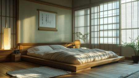 A serene modern Japanese bedroom featuring minimalist design, natural materials, and warm lighting. Ideal for promoting tranquility and relaxation in home decor.の素材