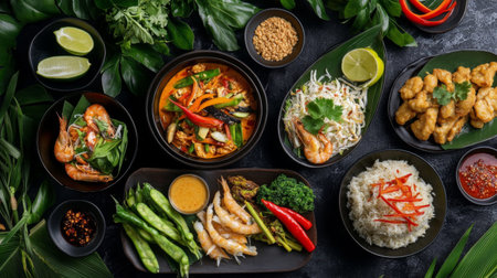 An enticing assortment of Asian dishes featuring vibrant colors, fresh ingredients like shrimp and vegetables. Perfect for culinary enthusiasts and food photography.の素材