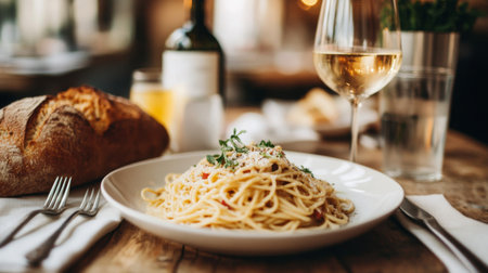 An inviting spread featuring a plate of spaghetti, accompanied by a glass of white wine and rustic bread, perfect for a cozy dinner setting.の素材