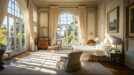A beautifully designed bedroom featuring large windows that let in abundant sunlight, creating a warm and inviting atmosphere with luxurious decor.の素材