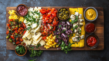 A vibrant cheese and vegetable platter featuring an array of fresh ingredients, ideal for parties or gatherings. Perfect for entertaining and sharing.の素材
