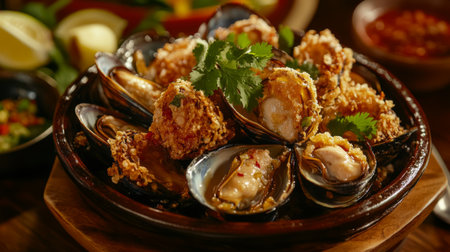 Indulge in this crispy seafood platter featuring mussels, garnished with fresh herbs and served in a rustic dish. A perfect appetizer for seafood lovers.の素材