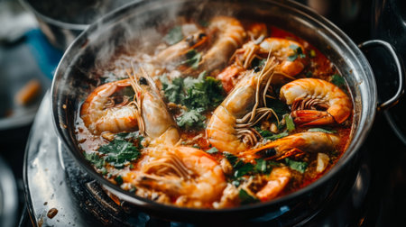 A vibrant dish featuring fresh shrimp simmering in a spicy broth, showcasing steam and herbs, perfect for culinary enthusiasts and food lovers.の素材