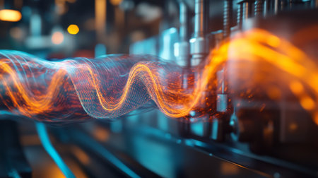 Captivating abstract representation of light flow in an industrial environment, showcasing dynamic energy waves and glowing patterns that evoke a sense of modern technology.の素材