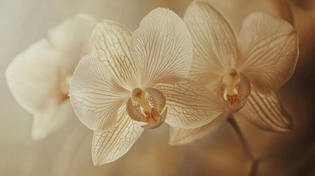A stunning closeup of elegant white orchids against a soft background, capturing the beauty and tranquility of nature's design. Perfect for decor or themes of peace.の素材