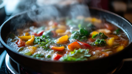 A vibrant vegetable stew simmering in a pan, showcasing colorful bell peppers and leafy greens, perfect for a healthy and delicious meal preparation.の素材