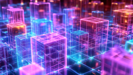 A vibrant abstract image showcasing colorful 3D blocks illuminated in neon light. The design features geometric patterns and dynamic reflections. Perfect for tech and modern themes.の素材
