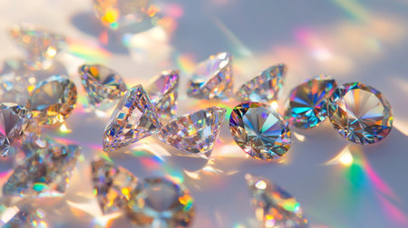 A stunning arrangement of sparkling diamonds reflecting light and showcasing vibrant colors. Perfect for themes of luxury and elegance.の素材
