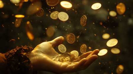 A captivating image of coins falling from a hand, showcasing wealth and abundance. The warm glow and dynamic scattering evoke a sense of prosperity.の素材