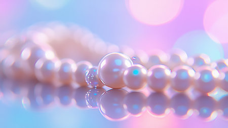 This soft-focus image showcases delicate pearls, reflecting light against a vivid background. Perfect for themes of luxury, beauty, and elegance in jewelry.の素材