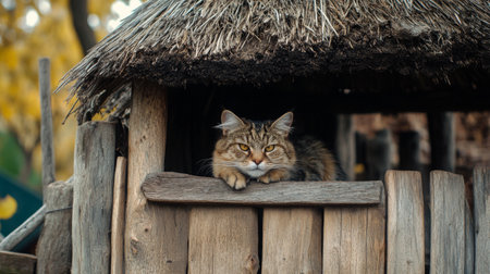 A curious cat lounges peacefully in a rustic wooden hut, surrounded by autumn colors. Its serene expression adds to the charm of this tranquil outdoor scene.の素材
