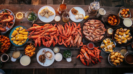 A vibrant seafood feast spread across a rustic wooden table, showcasing shrimp, crab, corn, and potatoes. Perfect for gatherings and celebrations.の素材
