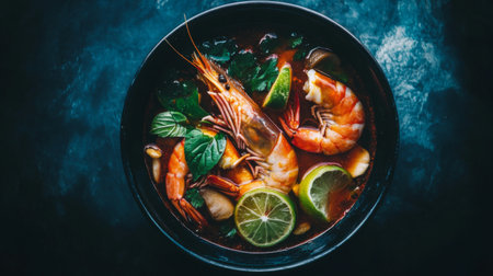 A stunning seafood dish featuring fresh shrimp and lime, garnished with vibrant herbs, perfect for showcasing culinary creativity and flavor.の素材
