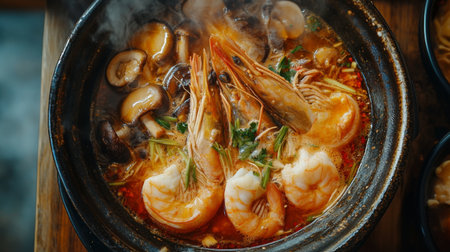 A vibrant seafood hot pot featuring fresh shrimp and mushrooms, surrounded by aromatic herbs and spices, perfect for a cozy dining experience.の素材