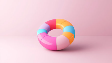 A vibrant and colorful swim float rests on a soft pink background, perfect for summer fun and leisure activities by the pool or beach.の素材